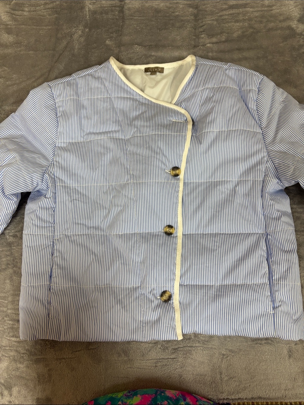Lilla P Blue & White Striped Quilted Jacket with Cream Trim
